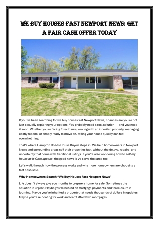 We Buy Houses Fast Newport News: Get a Fair Cash Offer Today