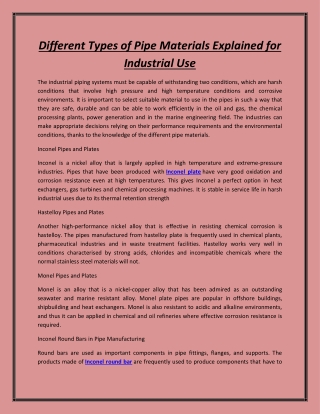 Different Types of Pipe Materials Explained for Industrial Use
