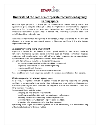 Understand the role of a corporate recruitment agency in Singapore