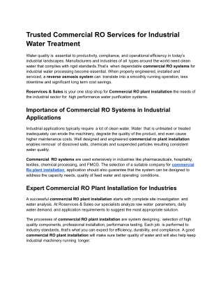 Trusted Commercial RO Services for Industrial Water Treatment
