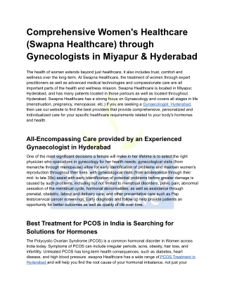 Comprehensive Women's Healthcare (Swapna Healthcare) through Gynecologists in Miyapur & Hyderabad