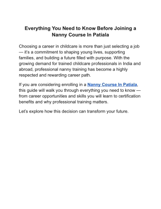 Everything You Need to Know Before Joining a Nanny Course In Patiala