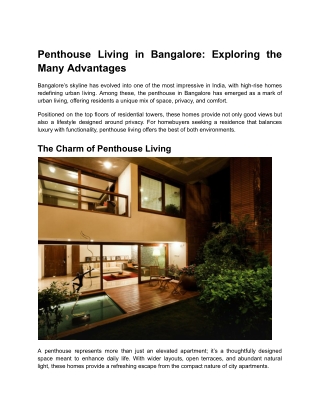Penthouse Living in Bangalore: Exploring the Many Advantages