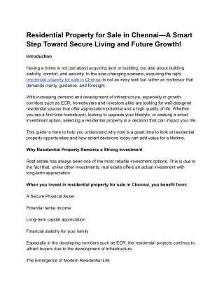 Residential Property for Sale in Chennai—A Smart Step Toward Secure Living and Future Growth