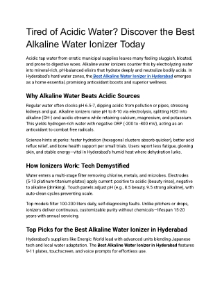 Best Alkaline Water Ionizer in Hyderabad