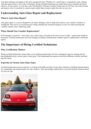 The Benefits of Hiring Certified Technicians for All Your Auto Glass Needs