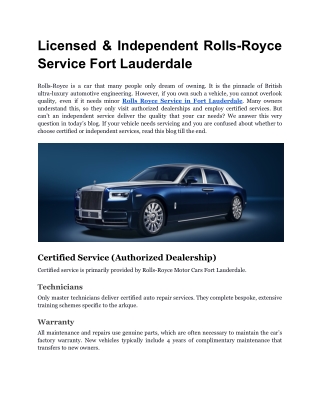 Licensed & Independent Rolls-Royce Service Fort Lauderdale