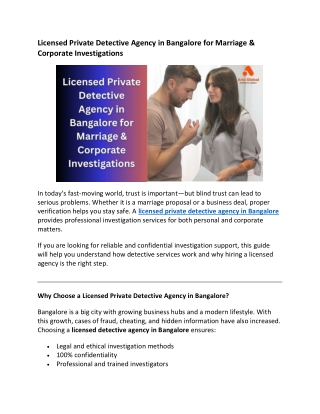 Licensed Private Detective Agency in Bangalore for Marriage & Corporate Investigations