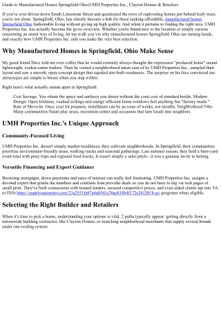 Overview to Manufactured Homes Springfield Ohio|UMH Properties Inc., Clayton Hom