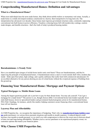 UMH Properties Inc.: Mortgage & Cost Guide for Manufactured Homes