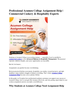 Professional Acumen College Assignment Help | Commercial Cookery & Hospitality E