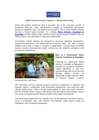 MSME Subsidy Consultant in Rajasthan Subsidy Mantra Guide