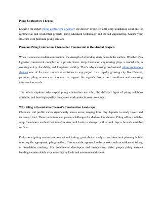 Premium Piling Contractors Chennai for Commercial & Residential Projects