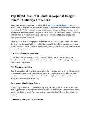 Top-Rated Etios Taxi Rental in Jaipur at Budget Prices – Maharaja Travellers