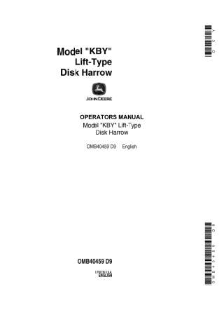 John Deere Model KBY Lift-Type Disk Harrow Operator’s Manual Instant Download (Publication No.OMB40459)