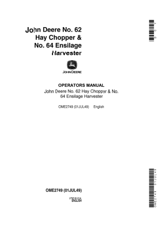 John Deere No.62 Hay Chopper & No.64 Ensilage Harvester Operator’s Manual Instant Download (Publication No.OME2749)