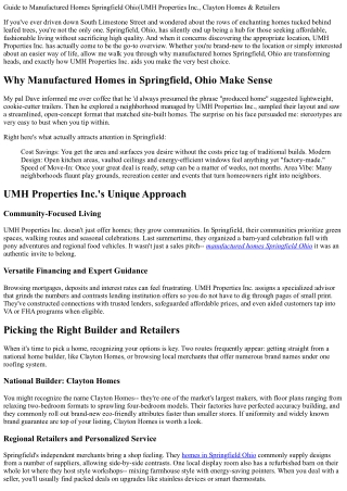 Overview to Manufactured Homes Springfield Ohio|UMH Properties Inc., Clayton Hom