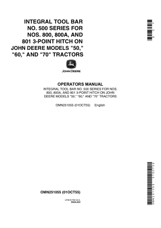 John Deere No.500 Series Integral Tool Bar for Nos.800 800A and 801 3-Point Hitch On Models 50 60 and 70 Tractors Operat
