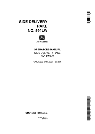 John Deere No.594LW Side Delivery Rake Operator’s Manual Instant Download (Publication No.OME15255)