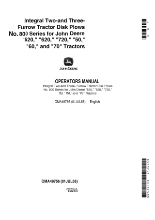 John Deere No.800 Series Integral Two-and Three-Furrow Tractor Disk Plows for 520 620 720 50 60 and 70 Tractors Operator