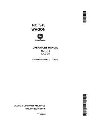 John Deere No.943 Wagon Operator’s Manual Instant Download (Publication No.OMD9952)