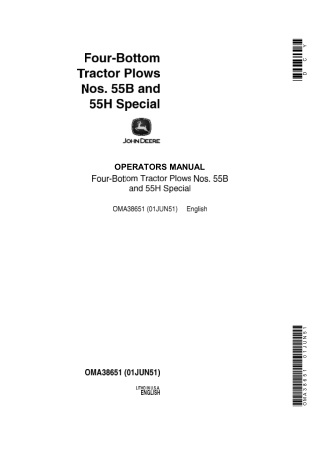 John Deere Nos.55B and 55H Special Four-Bottom Tractor Plows Operator’s Manual Instant Download (Publication No.OMA38651