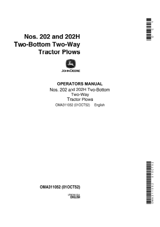 John Deere NOS.202 and 202H Two-Bottom Two-Way Tractor Plows Operator’s Manual Instant Download (Publication No.OMA31105