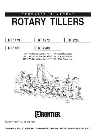 John Deere RT1173 RT1273 RT1181 RT2283 RT2293 Rotary Tillers Operator’s Manual Instant Download (Publication No. 5MHF070