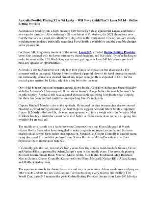 Australia Possible Playing XI vs Sri Lanka – Will Steve Smith Play - Laser247 Id – Online Betting Provider