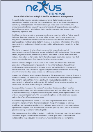 Nexus Clinical Advances Digital Healthcare Records Management