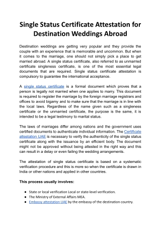 Single Status Certificate Attestation for Destination Weddings Abroad
