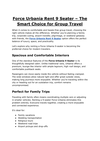 Force Urbania Rent 9 Seater – The Smart Choice for Group Travel