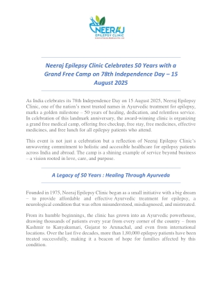 Neeraj Epilepsy Clinic Celebrates 50 Years with a Grand Free Camp on 78th Independence Day 15 August 2025