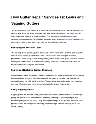 How Gutter Repair Services Fix Leaks and Sagging Gutters