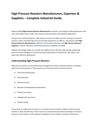High Pressure Reactors Manufacturers, Exporters & Suppliers – Complete Industri