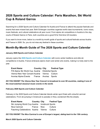 2026 Sports and Culture Calendar Paris Marathon Ski World Cup Roland Garros