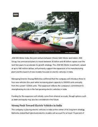 JSW MG Motor Invests Up to 440 Million Dollars to Expand Electric Vehicles in India