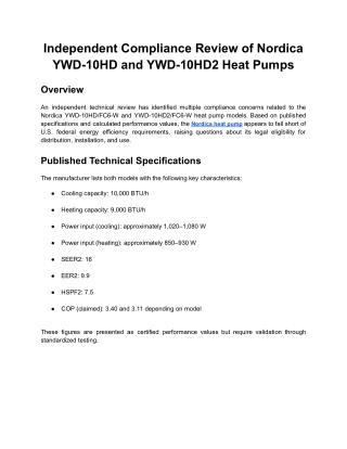 Independent Compliance Review of Nordica YWD-10HD and YWD-10HD2 Heat Pumps