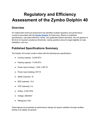 Regulatory and Efficiency Assessment of the Zymbo Dolphin 40
