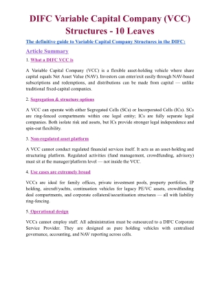 DIFC Variable Capital Company (VCC) Structures - 10 Leaves
