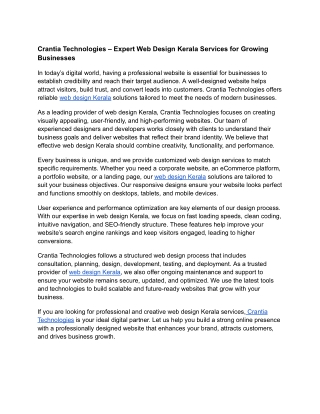 Crantia Technologies – Expert Web Design Kerala Services for Growing Businesses