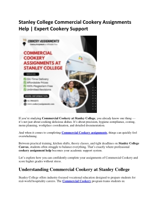 Stanley College Commercial Cookery Assignments Help | Expert Cookery Support