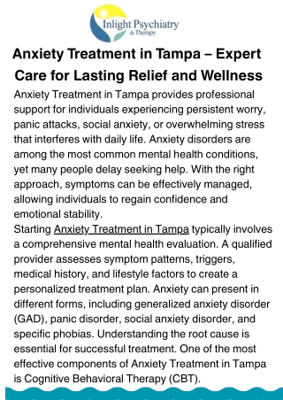 Anxiety Treatment in Tampa – Personalized Therapy and Support