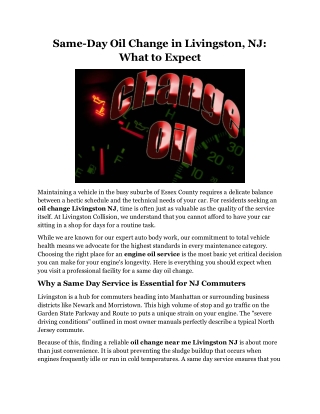 Same-Day Oil Change in Livingston, NJ What to Expect