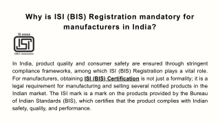 Why Is ISI (BIS) Registration mandatory for manufacturers in India