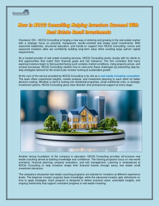 How Is NCCG Consulting Helping Investors Succeed With Real Estate Small Investments