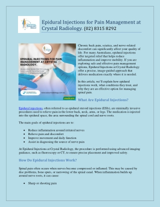 Epidural Injections for Pain Management at Crystal Radiology. (02) 8315 8292