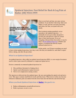 Epidural Injection Fast Relief for Back & Leg Pain at Butler. (08) 9544 3999