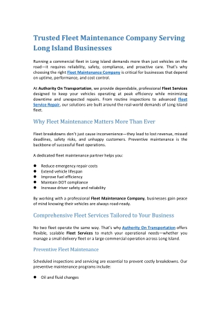 Trusted Fleet Maintenance Company Serving Long Island Businesses