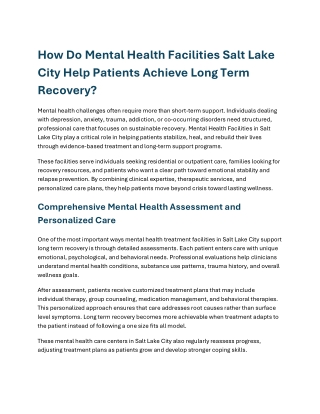 How Do Mental Health Facilities Salt Lake City Help Patients Achieve Long Term Recovery